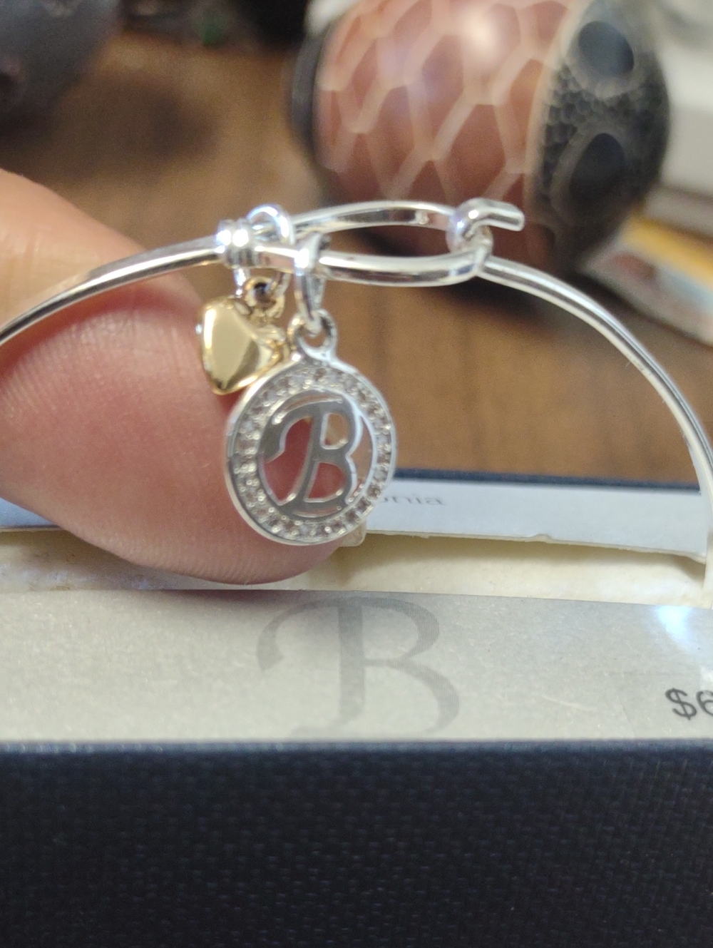 Silver Tone Cubic Zirconia Initial 'B' Charm Bangle with Gold Heart Accent
